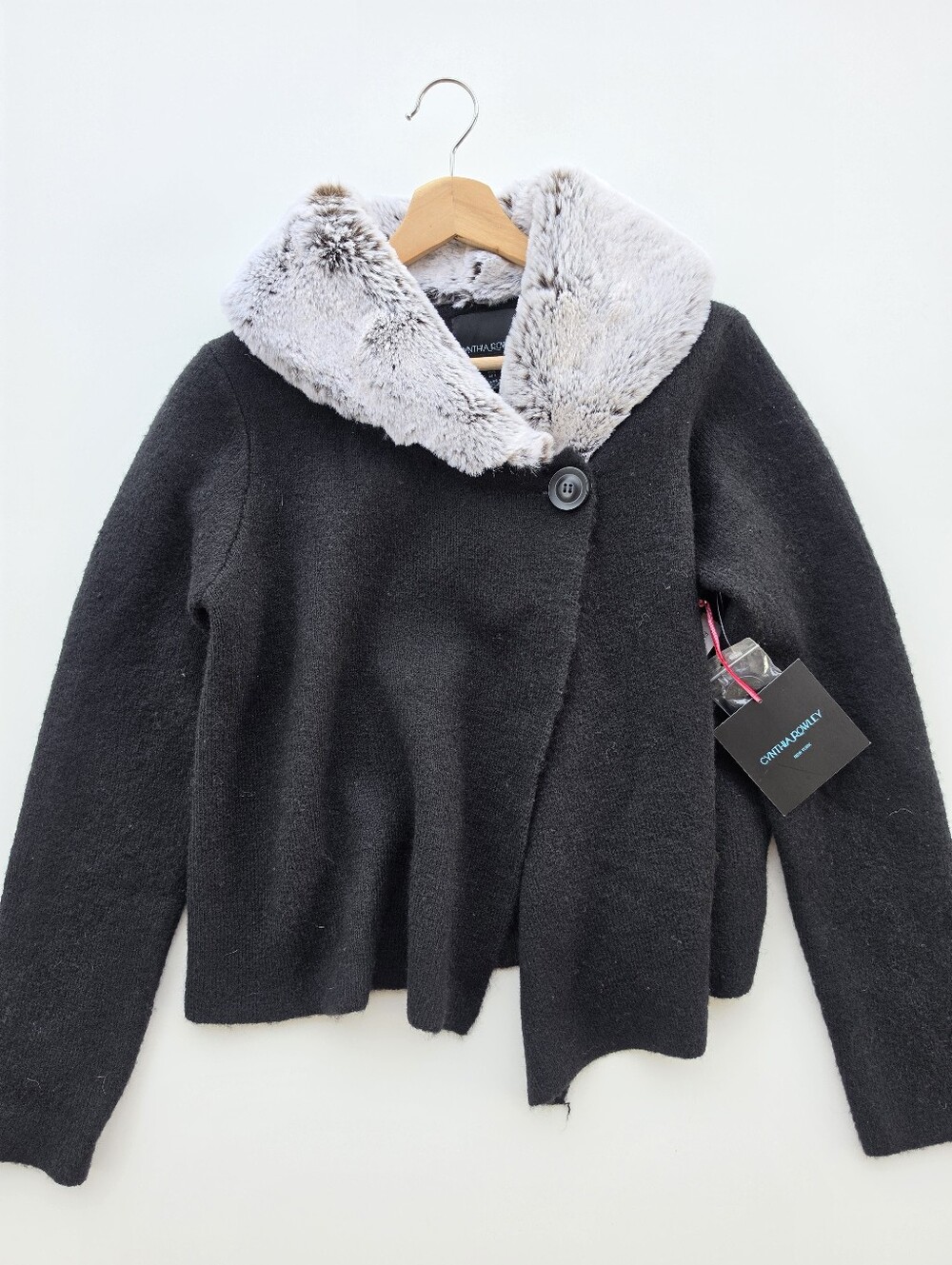 Cynthia Rowley Bkack Wool Blend Front Wrap Faux Fur Cardigan